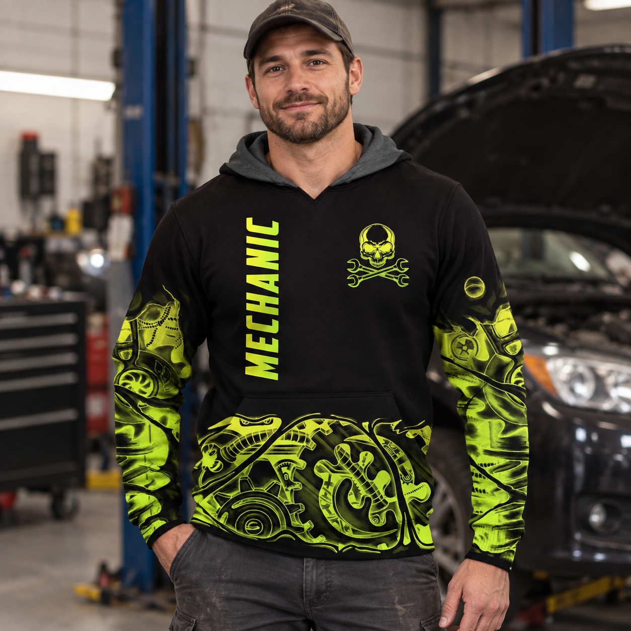 Personalized mechanic hoodie featuring black yellow gear pattern all-over print, worn by a model