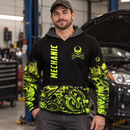 Personalized mechanic hoodie featuring black yellow gear pattern all-over print, worn by a model