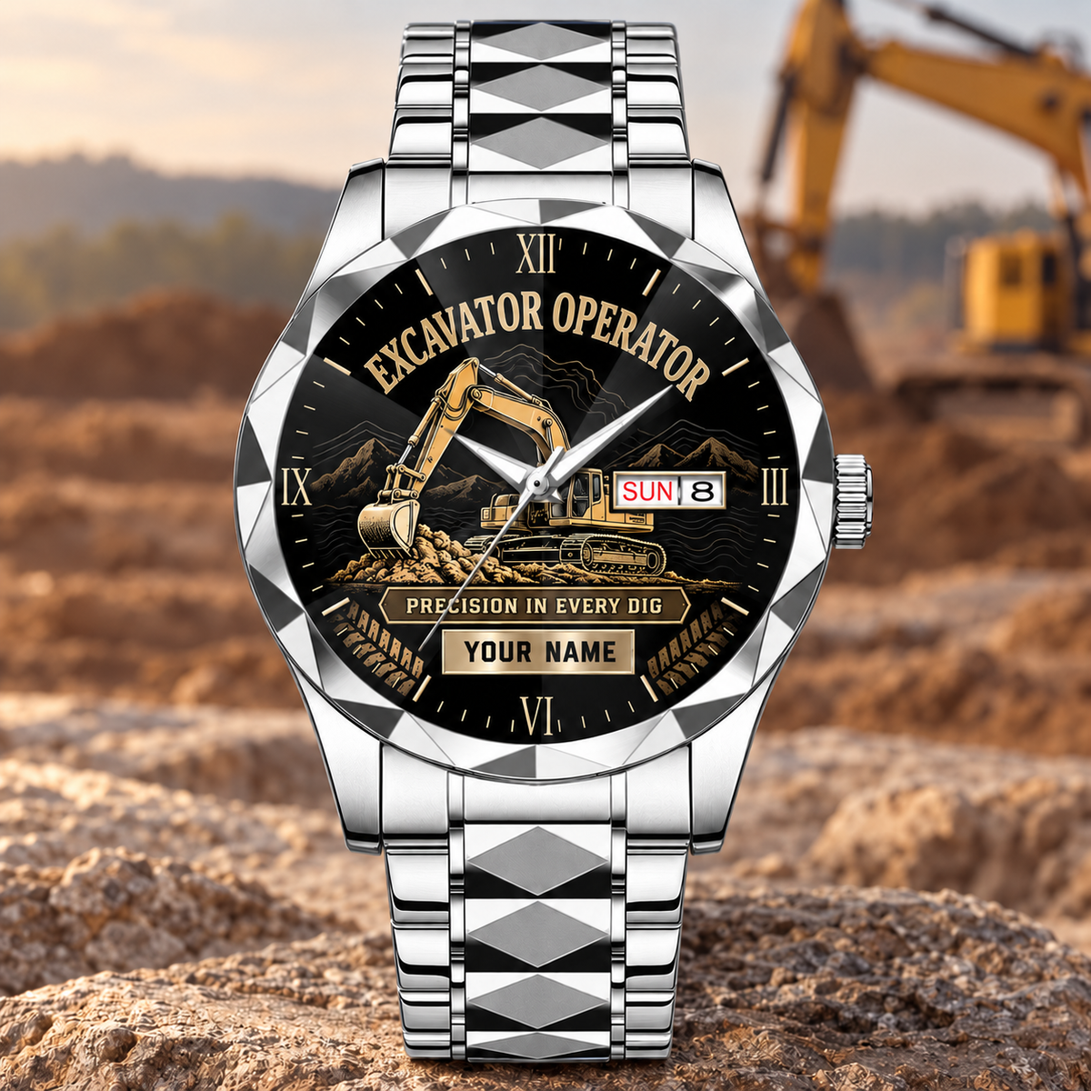 Personalized Excavator Operator Crystal Metal Watch - Faceted Legacy - Steel