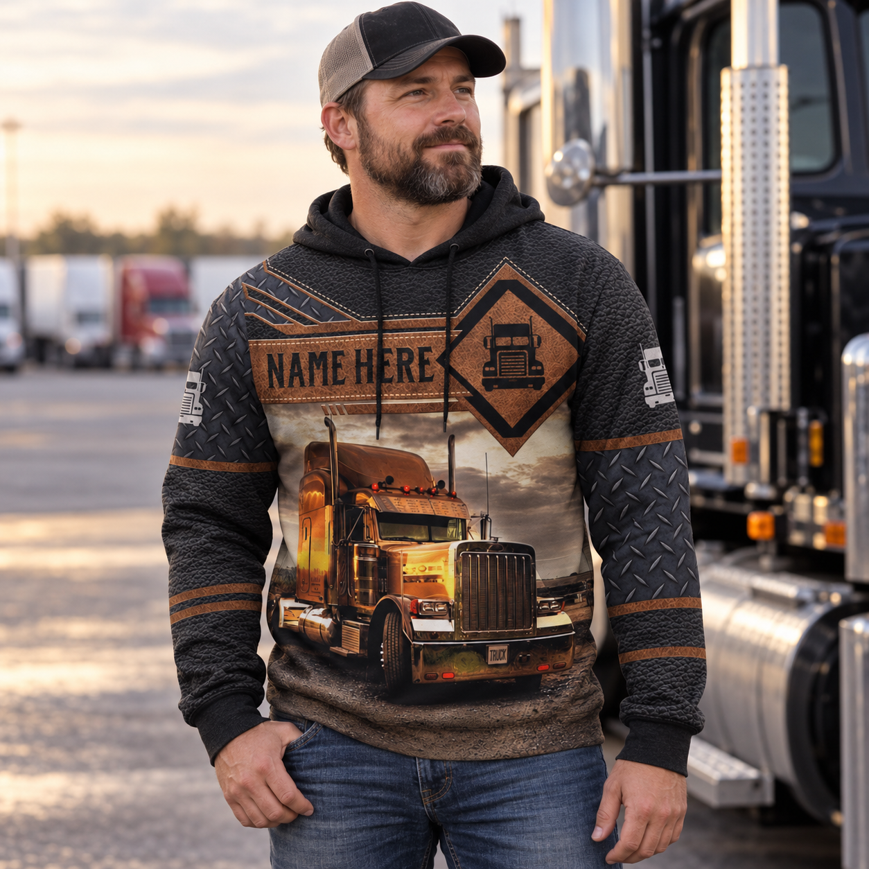 Personalized trucker hoodie featuring brown diamond panel semi truck all-over print, worn by a model