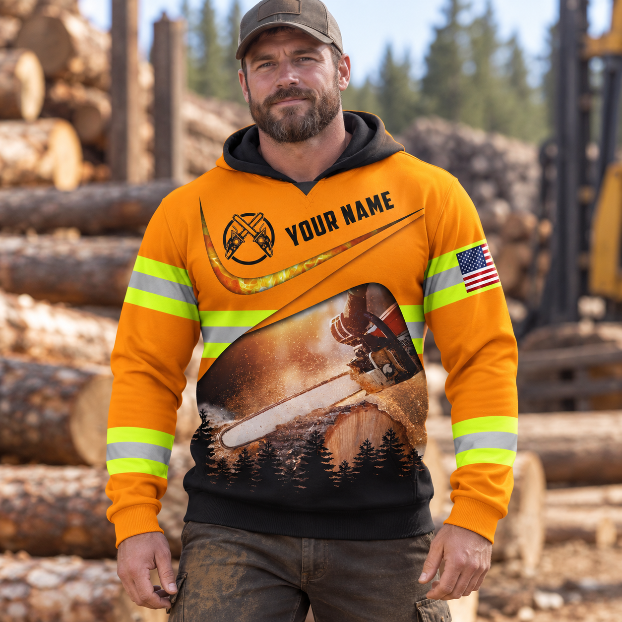 Personalized logger hoodie featuring orange forest chainsaw scene all-over print, worn by a model