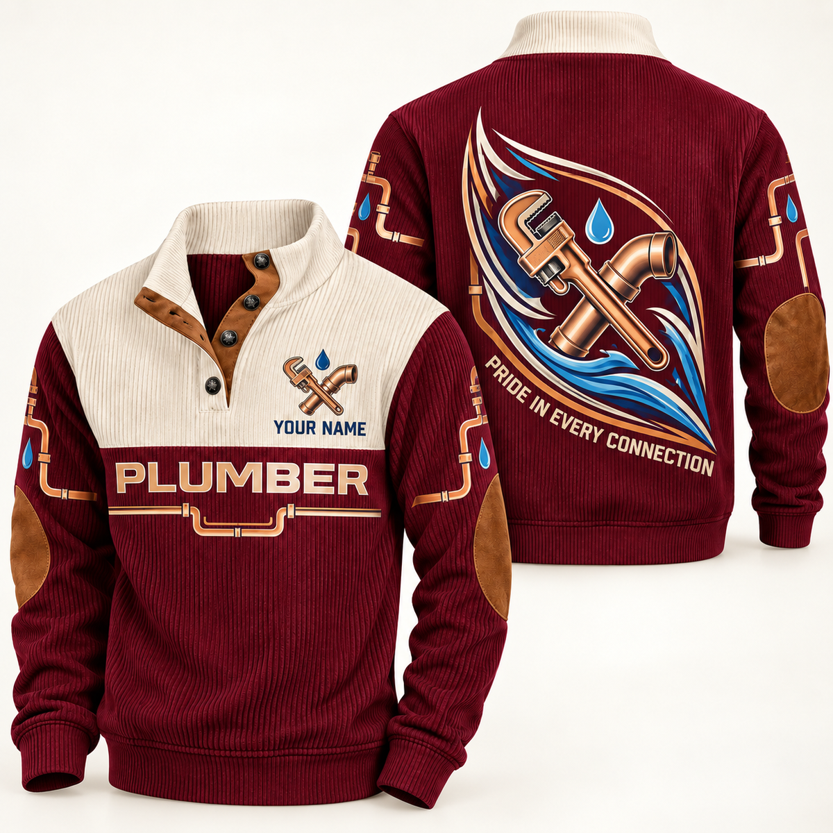 Personalized Plumber Sports Sweatshirt - Heritage Collar - Jujube Red