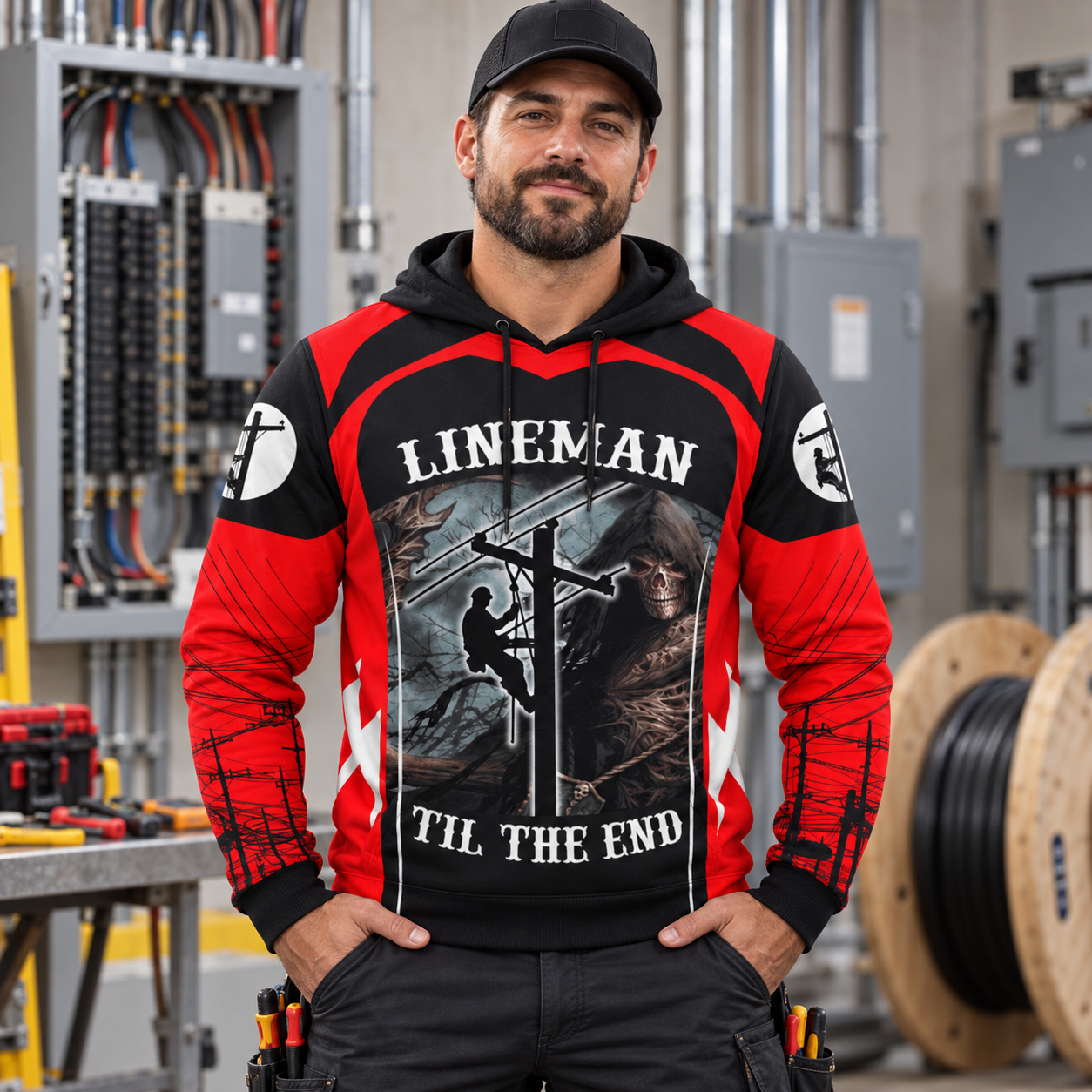 Personalized electrician hoodie featuring red lineman all-over print, worn by a model