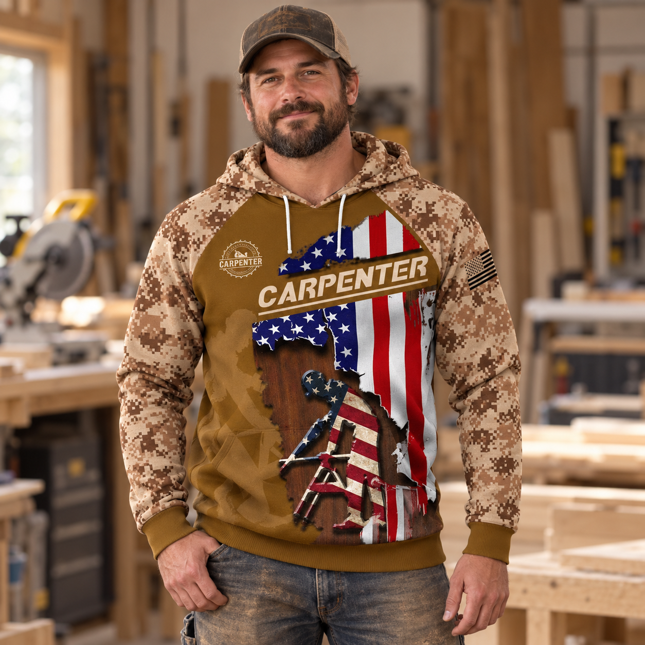 Personalized carpenter hoodie featuring tan camouflage American flag carpenter all-over print, worn by a model