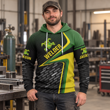 Personalized welder hoodie featuring green yellow diagonal welder badge all-over print, worn by a model