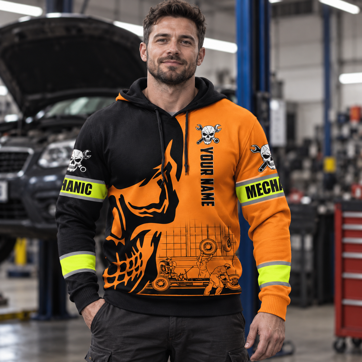Personalized mechanic hoodie featuring orange black skull engine all-over print, worn by a model