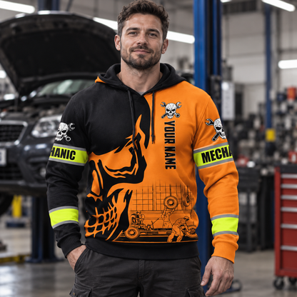 Personalized mechanic hoodie featuring orange black skull engine all-over print, worn by a model