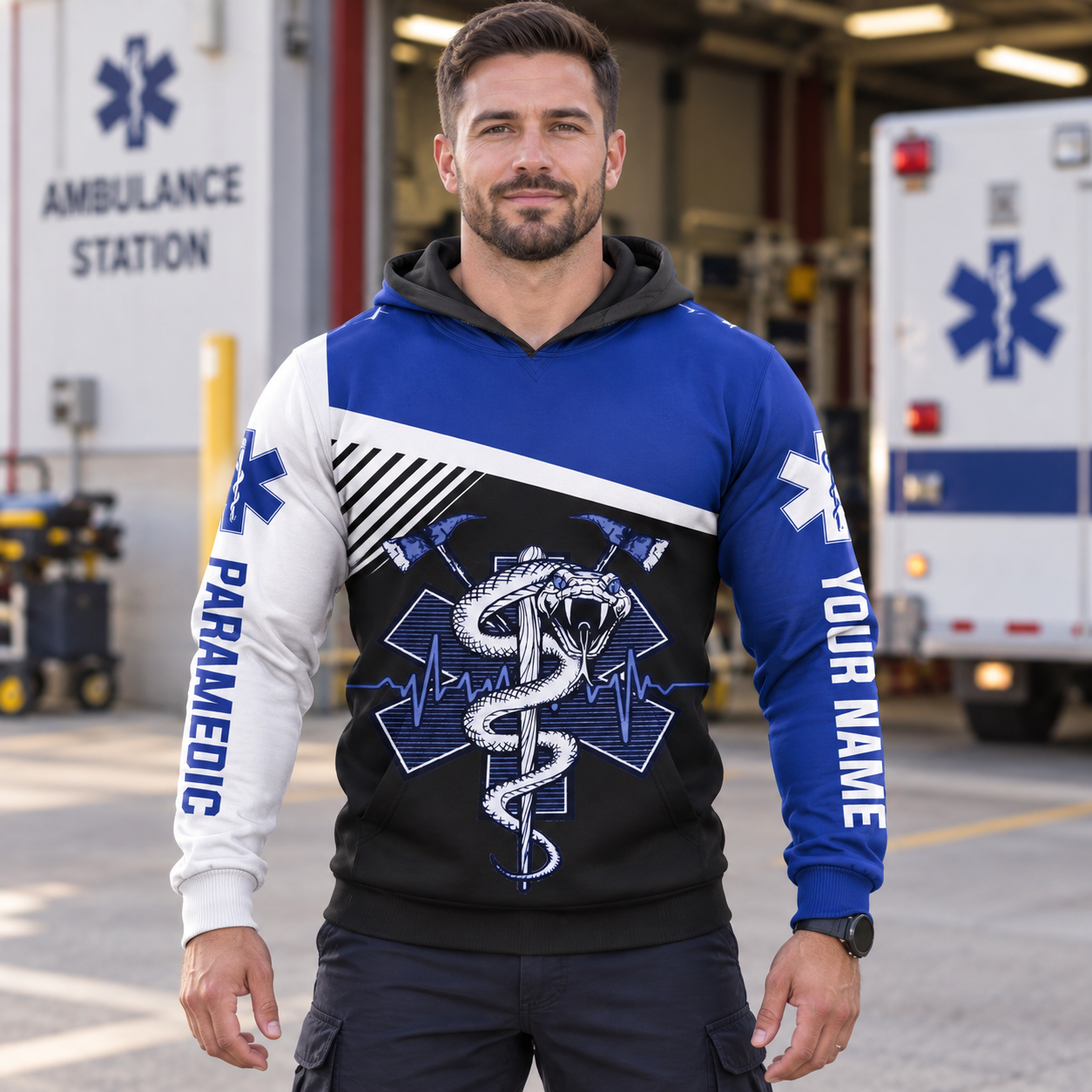 Personalized EMS paramedic hoodie featuring blue and white snake emblem all-over print, worn by a model