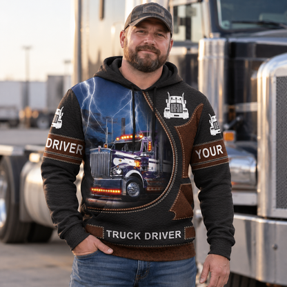 Personalized trucker hoodie featuring blue lightning truck driver all-over print, worn by a model
