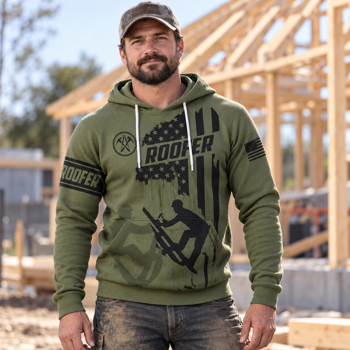 Roofer hoodie featuring olive green american flag roofer all-over print, worn by a model