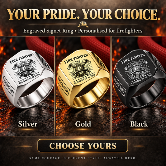 Personalized Fire Fighter Engraved Signet Ring - Sunburst Legacy - advertising image