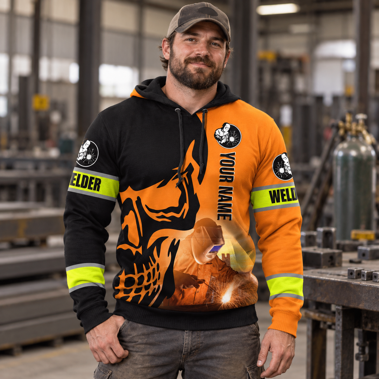 Personalized welder hoodie featuring orange black welding skull all-over print, worn by a model