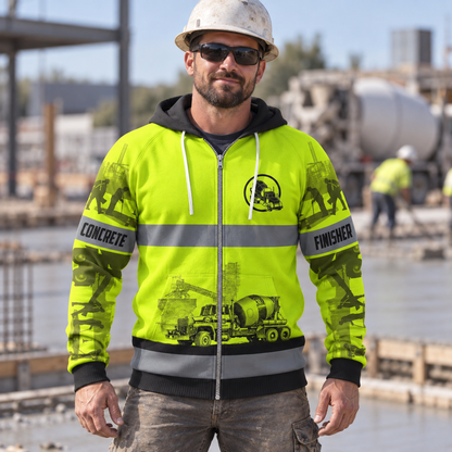 Concrete finisher hoodie featuring yellow concrete mixer stripe print all-over print, worn by a model