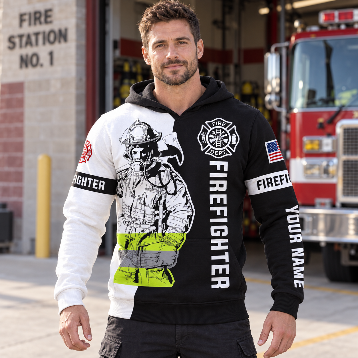 Personalized firefighter hoodie featuring black and white firefighter all-over print, worn by a model