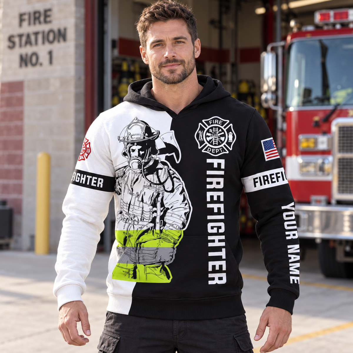 Personalized firefighter hoodie featuring black and white firefighter all-over print, worn by a model