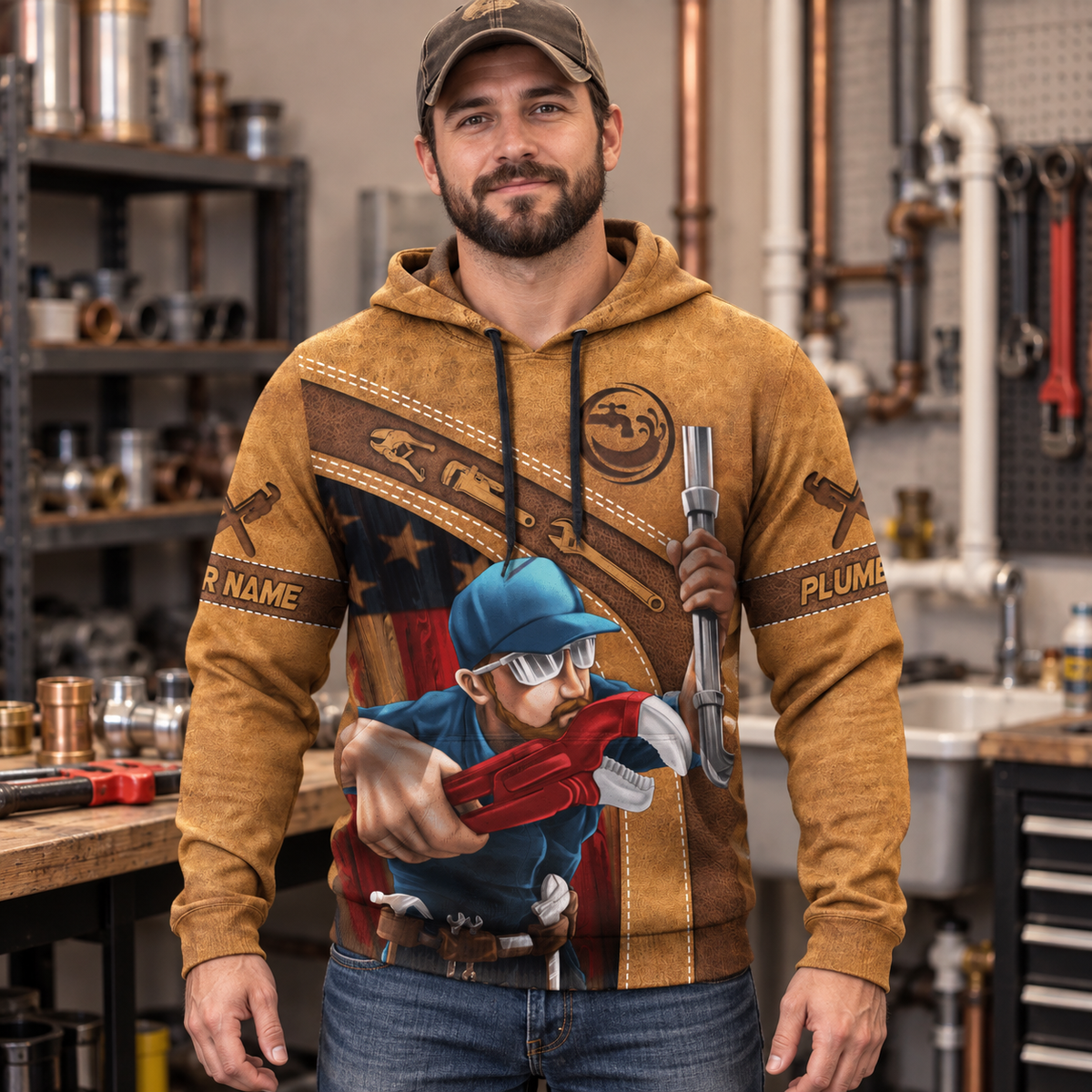 Personalized plumber hoodie featuring tan plumber pipe wrench illustration all-over print, worn by a model