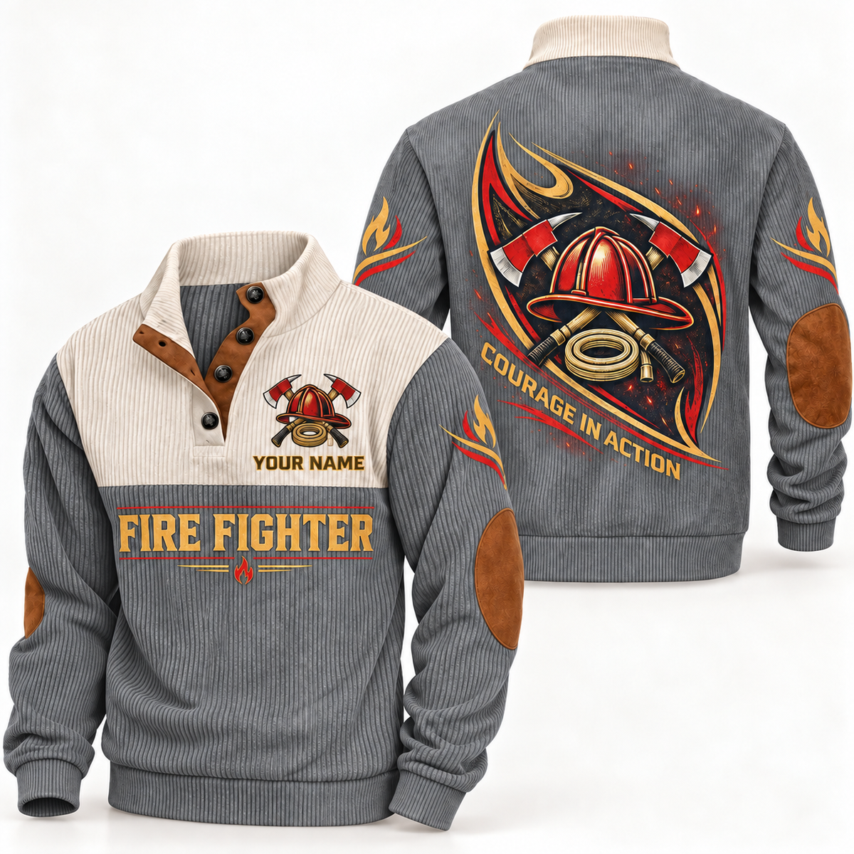 Personalized Fire Fighter Sports Sweatshirt - Heritage Collar - Grey