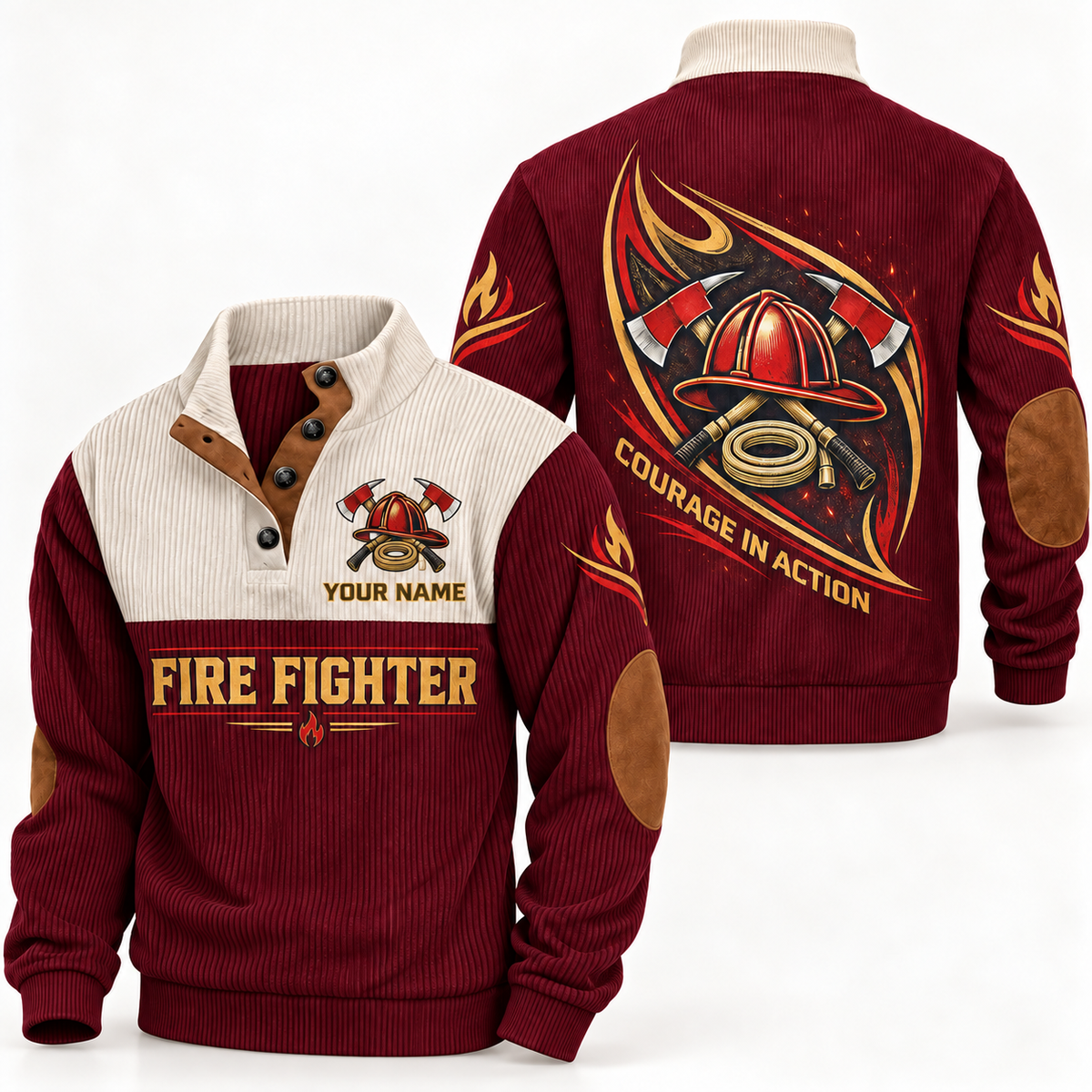 Personalized Fire Fighter Sports Sweatshirt - Heritage Collar - Jujube Red