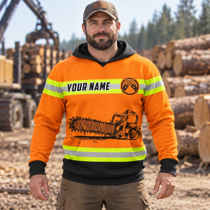 Personalized logger hoodie featuring orange chainsaw print all-over print, worn by a model