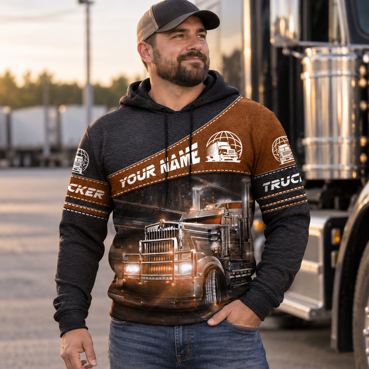 Personalized trucker hoodie featuring brown diagonal panel semi truck all-over print, worn by a model