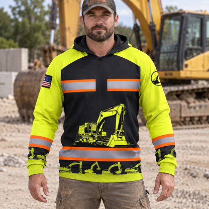 Personalized excavator operator hoodie featuring yellow excavator stripe print all-over print, worn by a model
