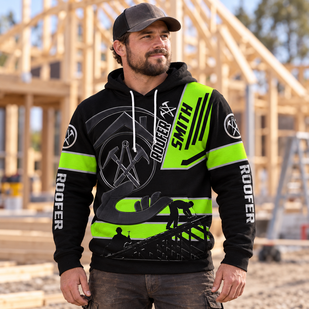 Roofer hoodie featuring black neon yellow roof frame all-over print, worn by a model