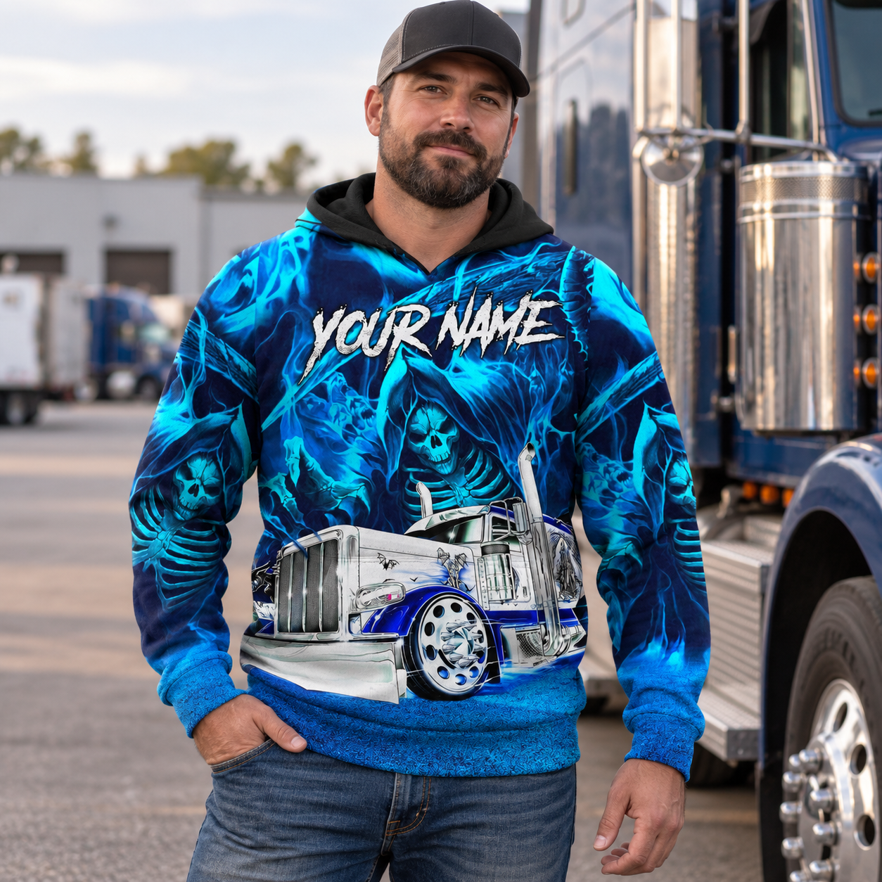 Personalized trucker hoodie featuring blue grim reaper semi truck all-over print, worn by a model