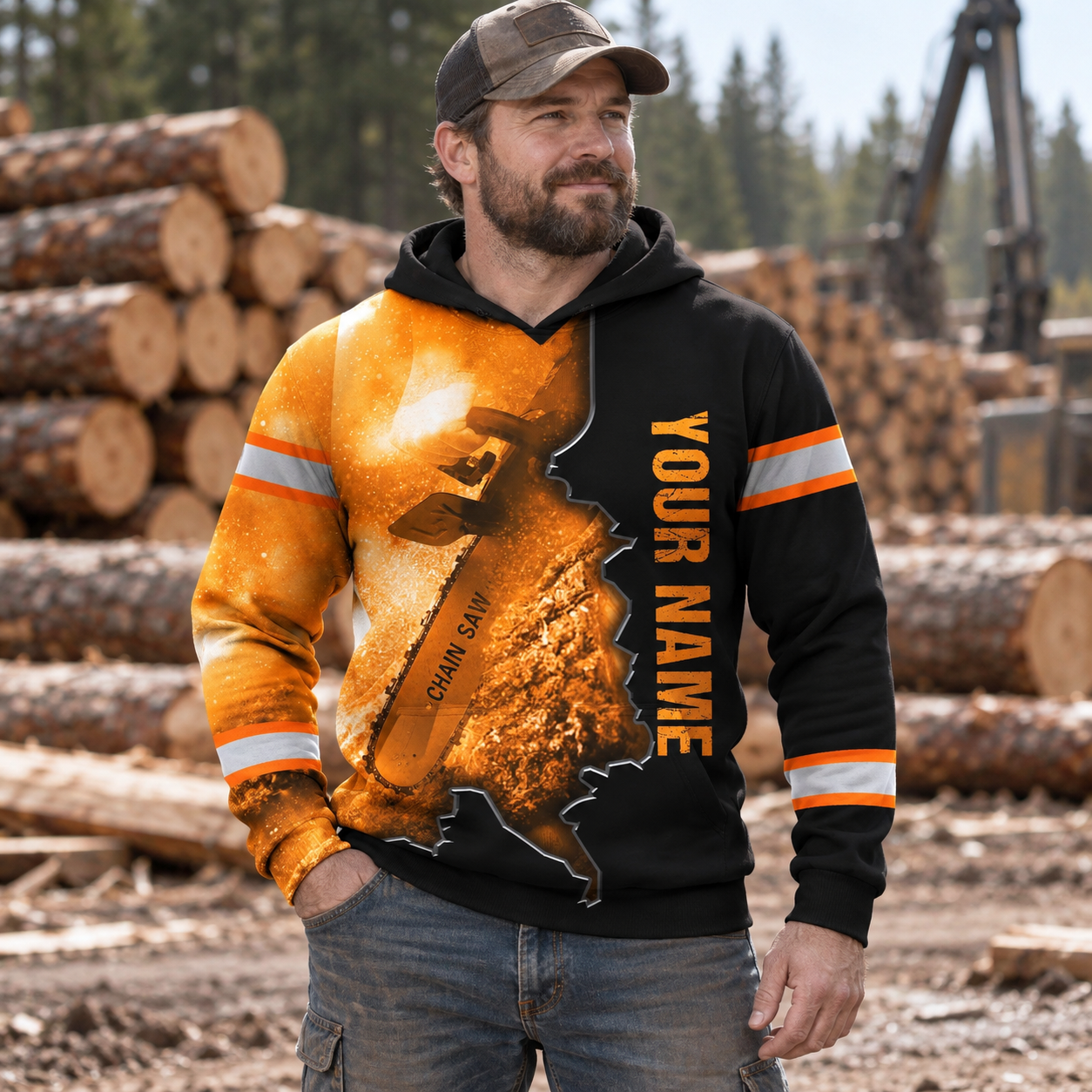 Personalized logger hoodie featuring orange black chainsaw sparks all-over print, worn by a model