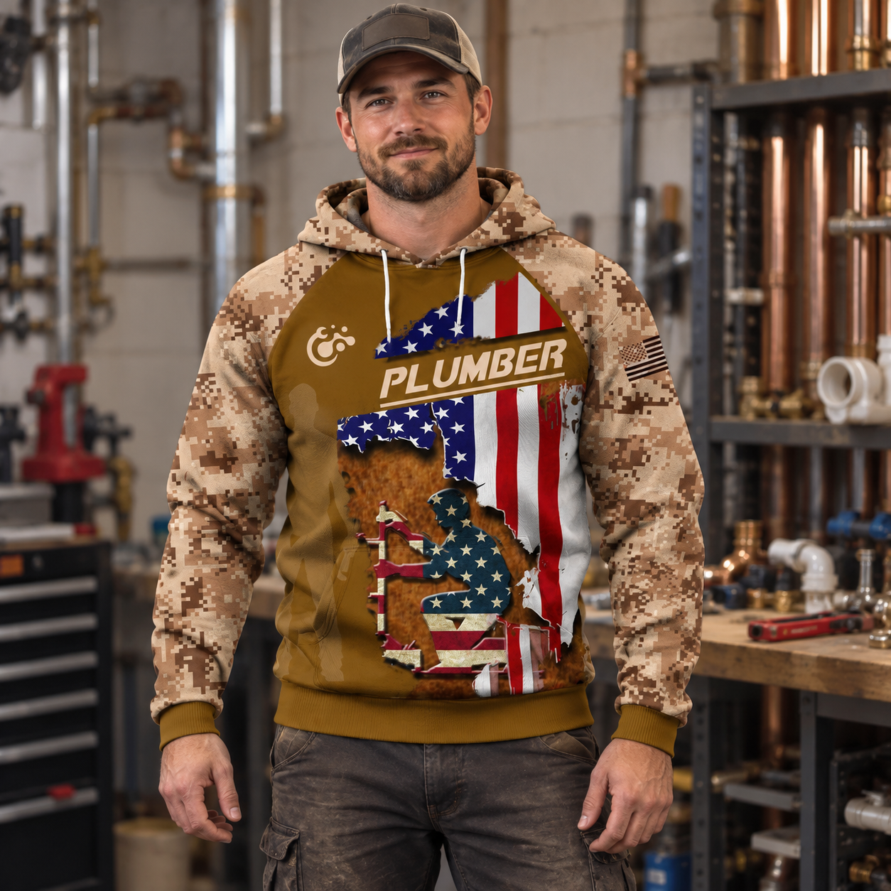 Personalized plumber hoodie featuring tan camouflage American flag plumber all-over print, worn by a model