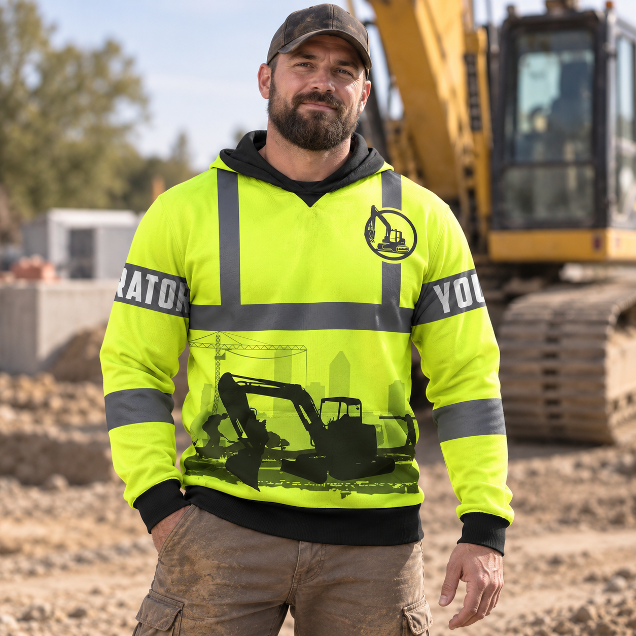 Personalized excavator operator hoodie featuring yellow grey stripe excavator silhouette all-over print, worn by a model