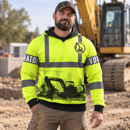 Personalized excavator operator hoodie featuring yellow grey stripe excavator silhouette all-over print, worn by a model