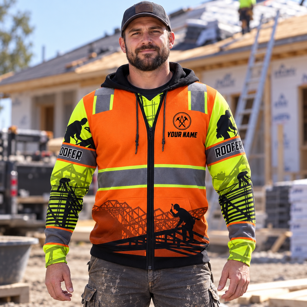 Personalized roofer hoodie featuring orange roofer vest print all-over print, worn by a model
