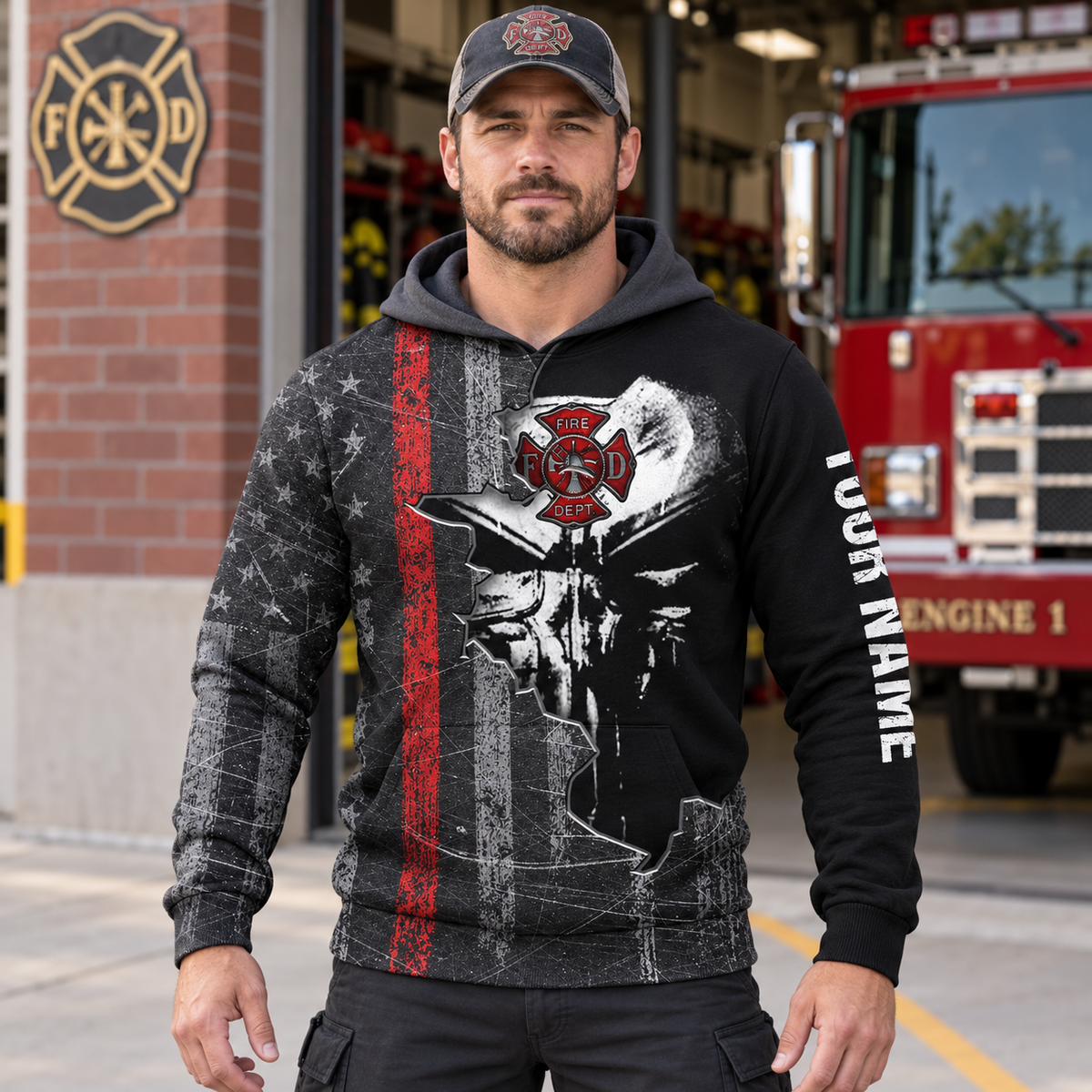 Personalized firefighter hoodie featuring black skull thin red line all-over print, worn by a model