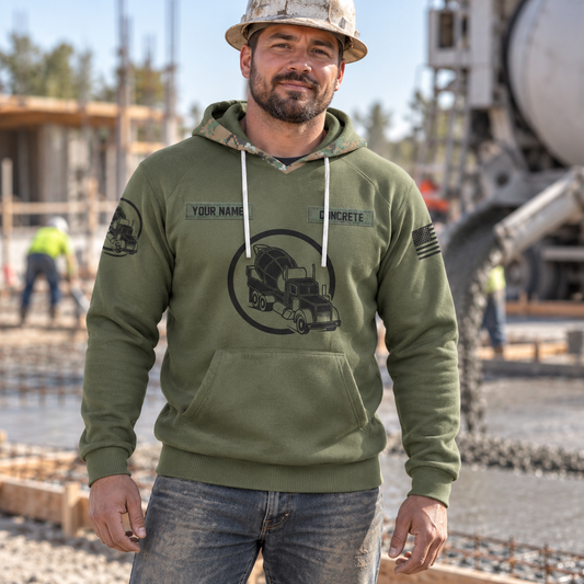Concrete finisher hoodie featuring olive green concrete mixer badge all-over print, worn by a model