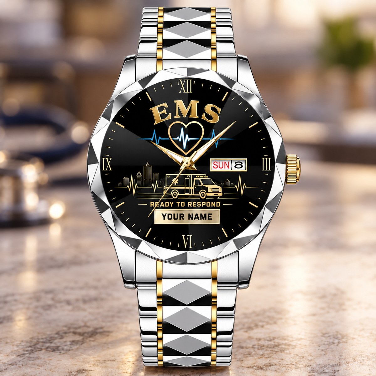 Personalized EMS Crystal Metal Watch - Faceted Legacy - Silver Gold Chain