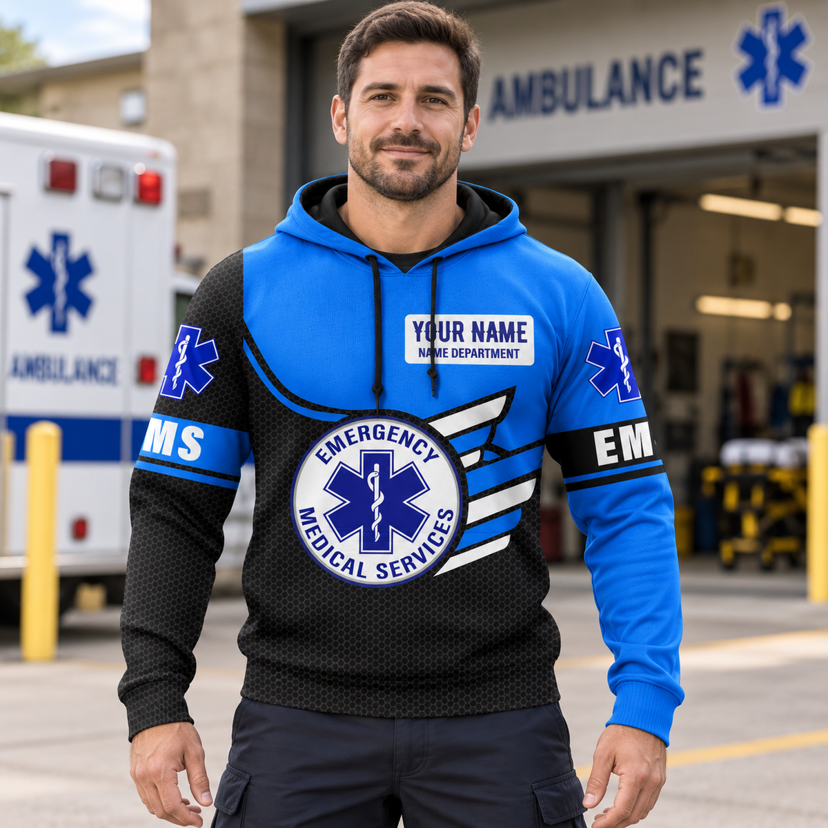 Personalized EMS paramedic hoodie featuring blue emergency medical services all-over print, worn by a model