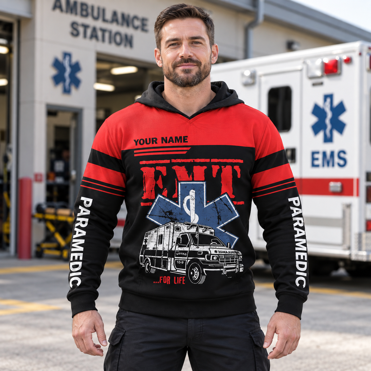 Personalized EMS paramedic hoodie featuring red emt ambulance print all-over print, worn by a model