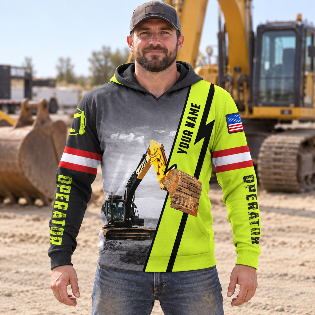 Personalized excavator operator hoodie featuring excavator photo and name stripe all-over print, worn by a model