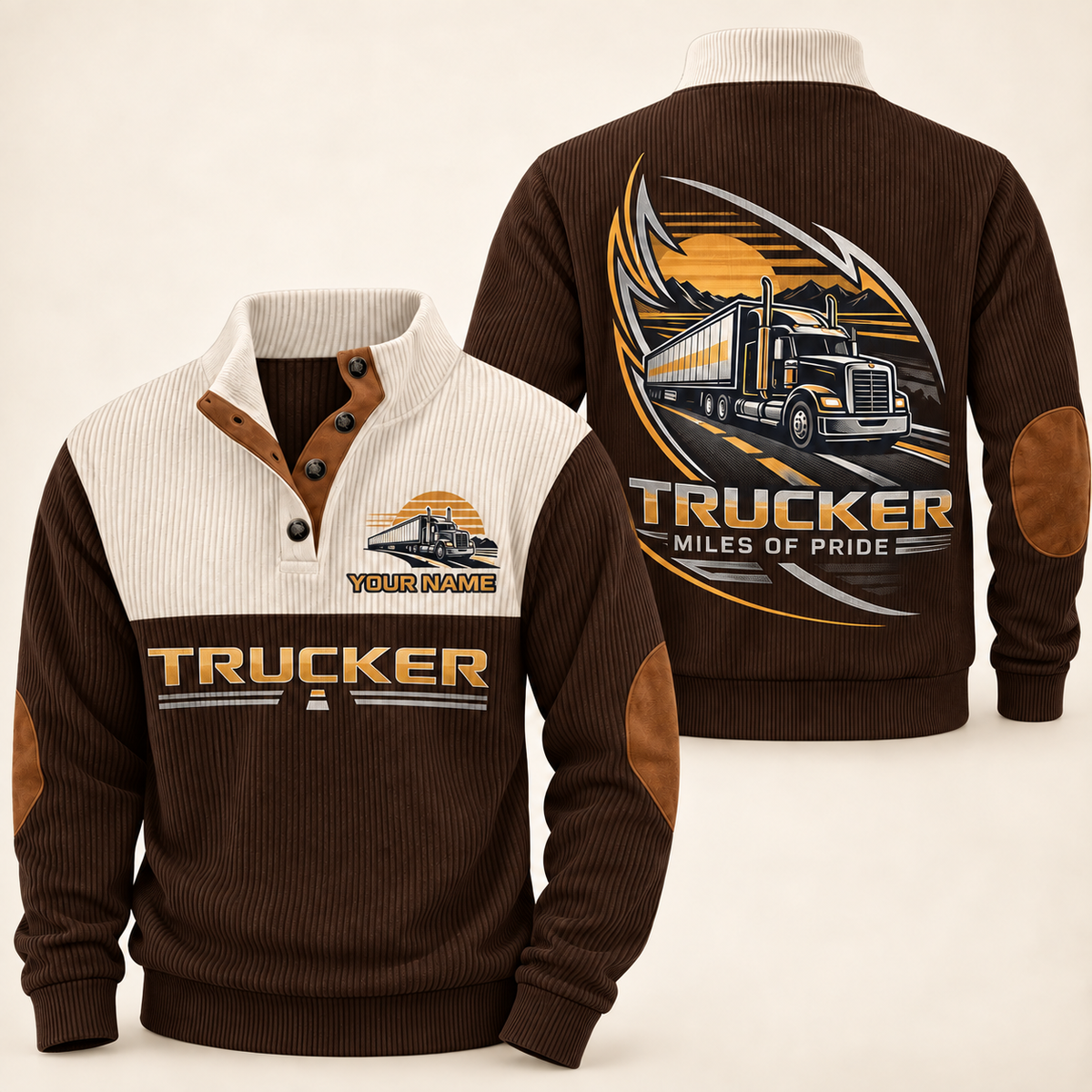 Personalized Trucker Sports Sweatshirt - Heritage Collar - Brown