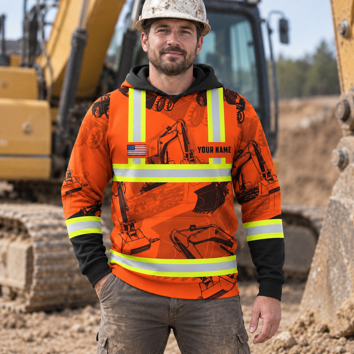 Personalized excavator operator hoodie featuring orange excavator pattern stripe print all-over print, worn by a model