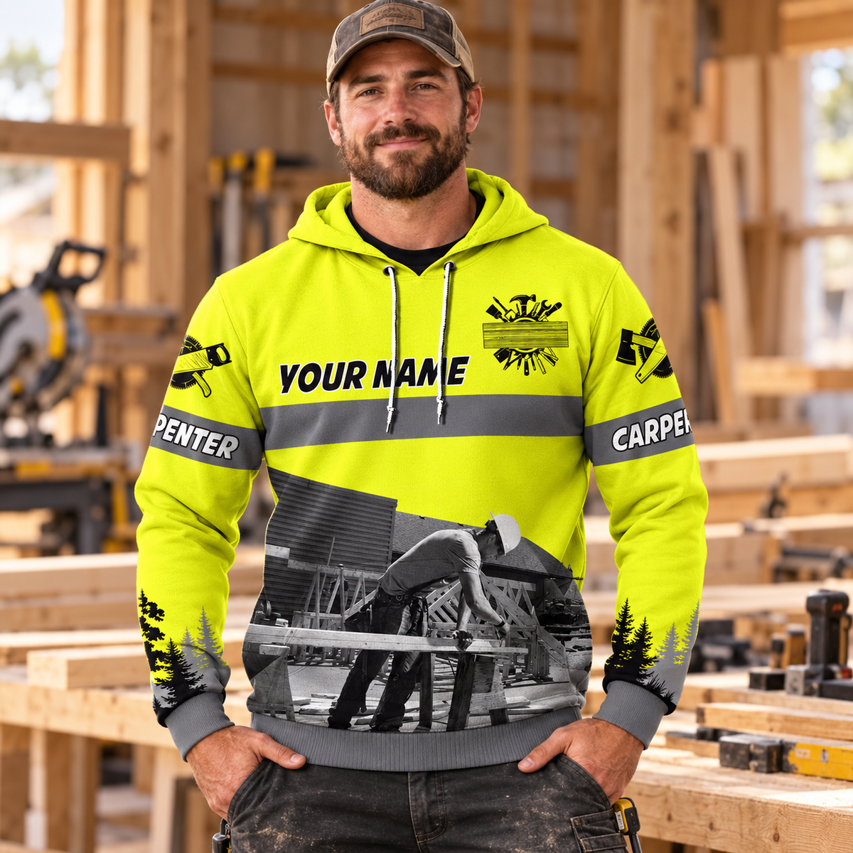 Personalized carpenter hoodie featuring neon yellow all-over print, worn by a model