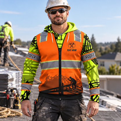 Personalized roofer hoodie featuring orange vest print and roofing scene all-over print, worn by a model