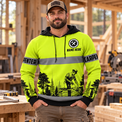 Personalized carpenter hoodie featuring neon green stripe print all-over print, worn by a model