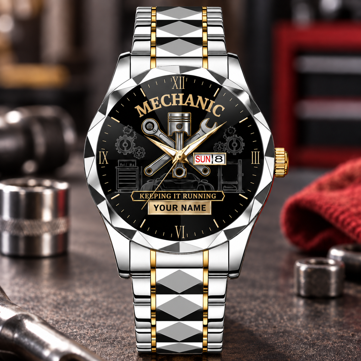 Personalized Mechanic Crystal Metal Watch - Faceted Legacy - Silver Gold Chain