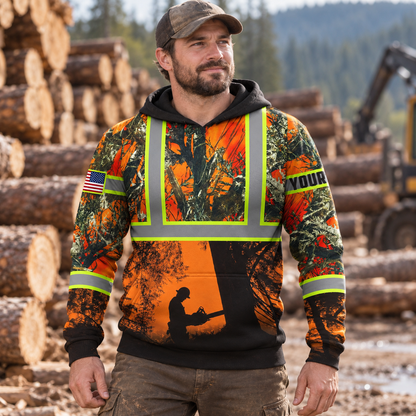 Personalized logger hoodie featuring orange forest logger silhouette all-over print, worn by a model