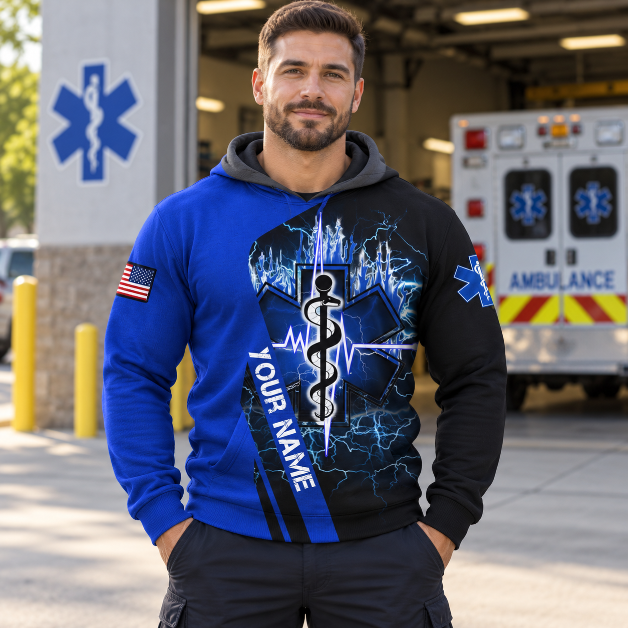 Personalized EMS paramedic hoodie featuring blue star of life lightning all-over print, worn by a model