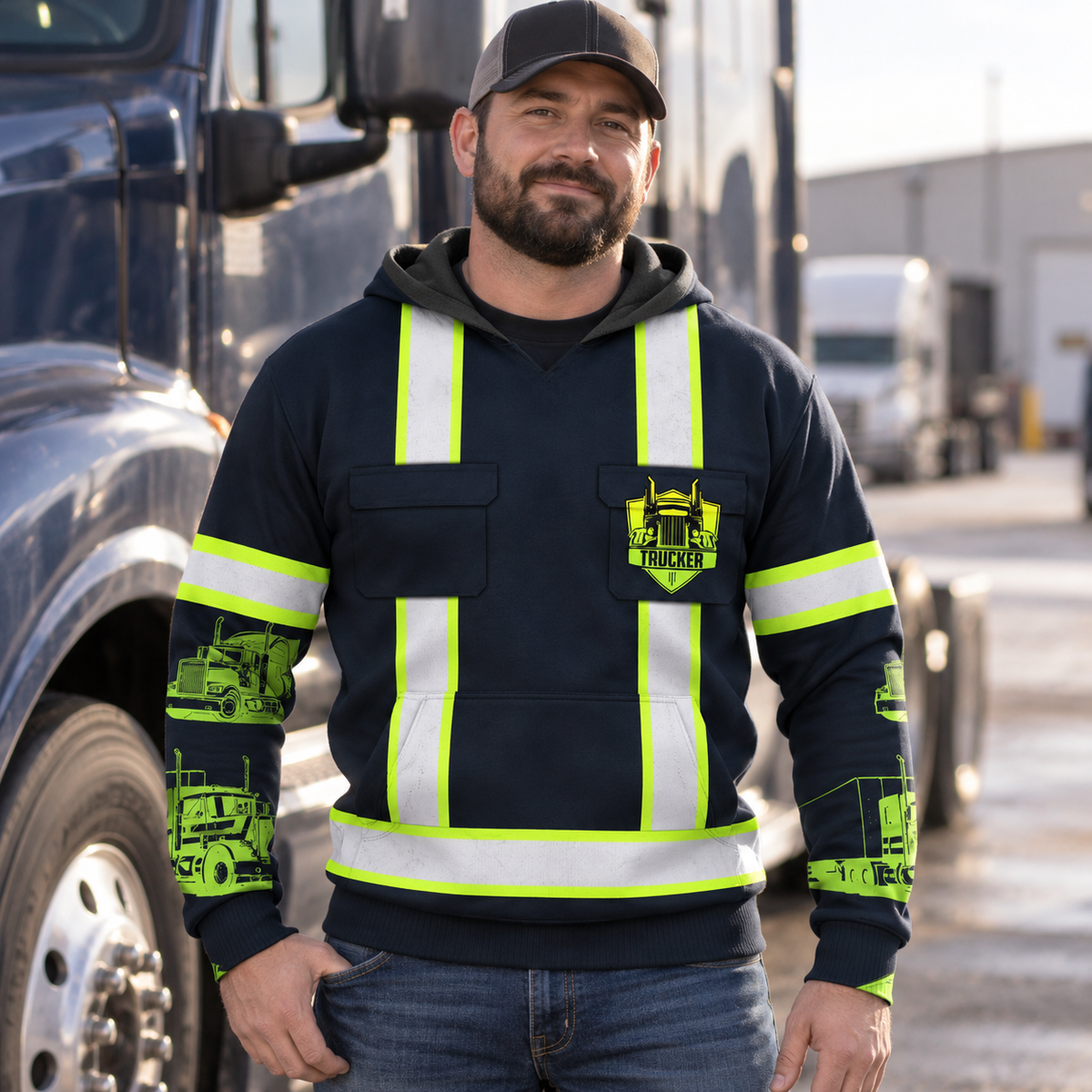Personalized trucker hoodie featuring black vest print yellow sleeves all-over print, worn by a model
