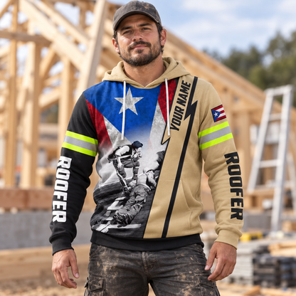 Roofer hoodie featuring texas flag roofer illustration all-over print, worn by a model