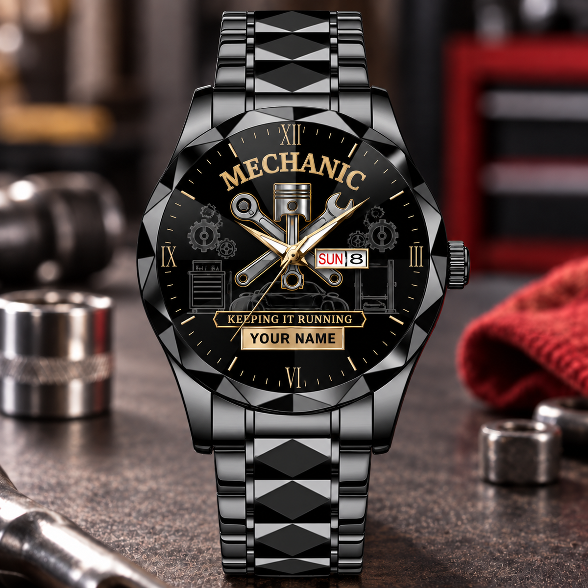 Personalized Mechanic Crystal Metal Watch - Faceted Legacy - Black