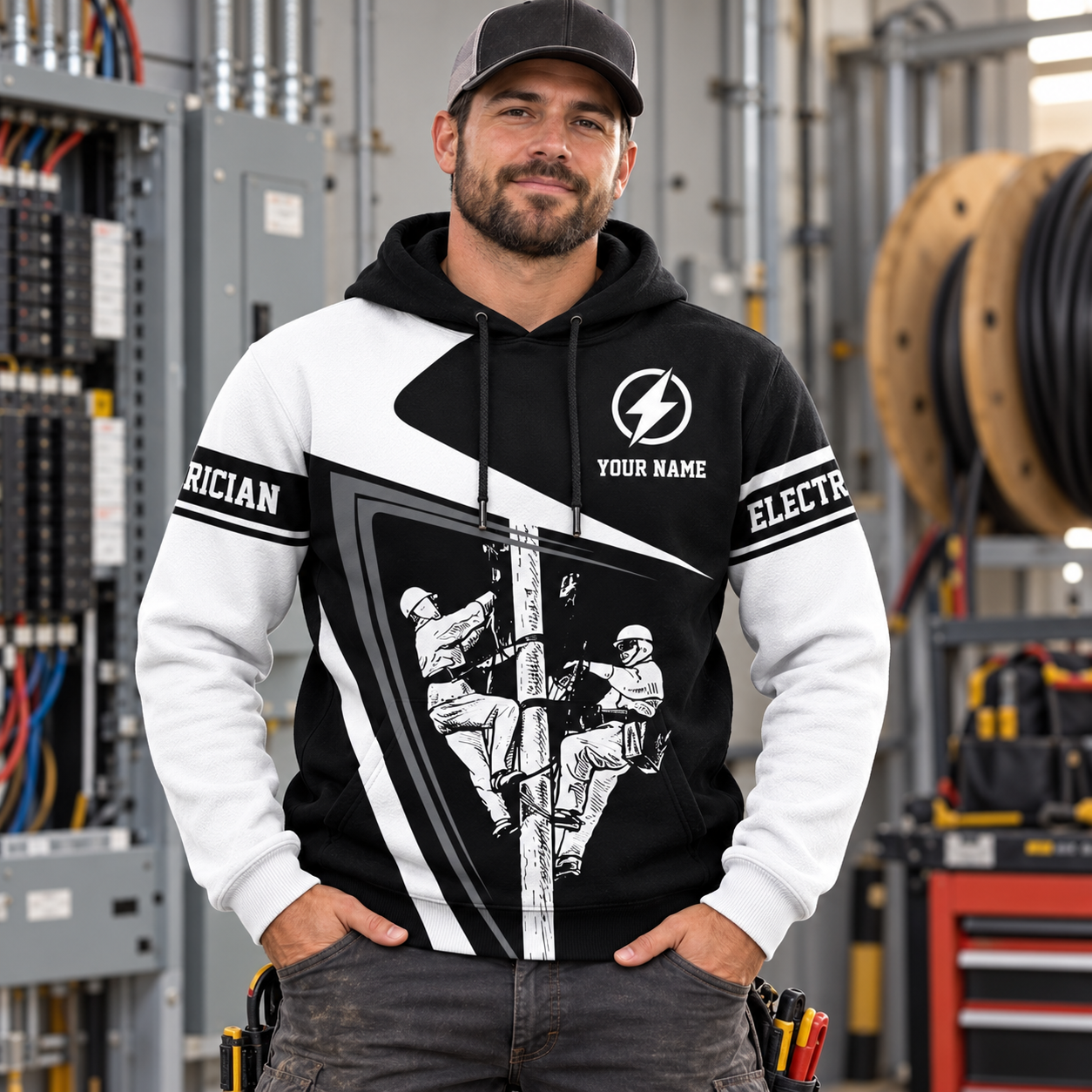 Personalized electrician hoodie featuring black white lineman all-over print, worn by a model